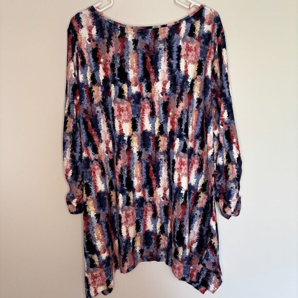 PHILOSOPHY Asymmetrical Tunic Womens XL Abstract Blue Pink 3/4 Rouched Sleeve - Picture 2 of 5